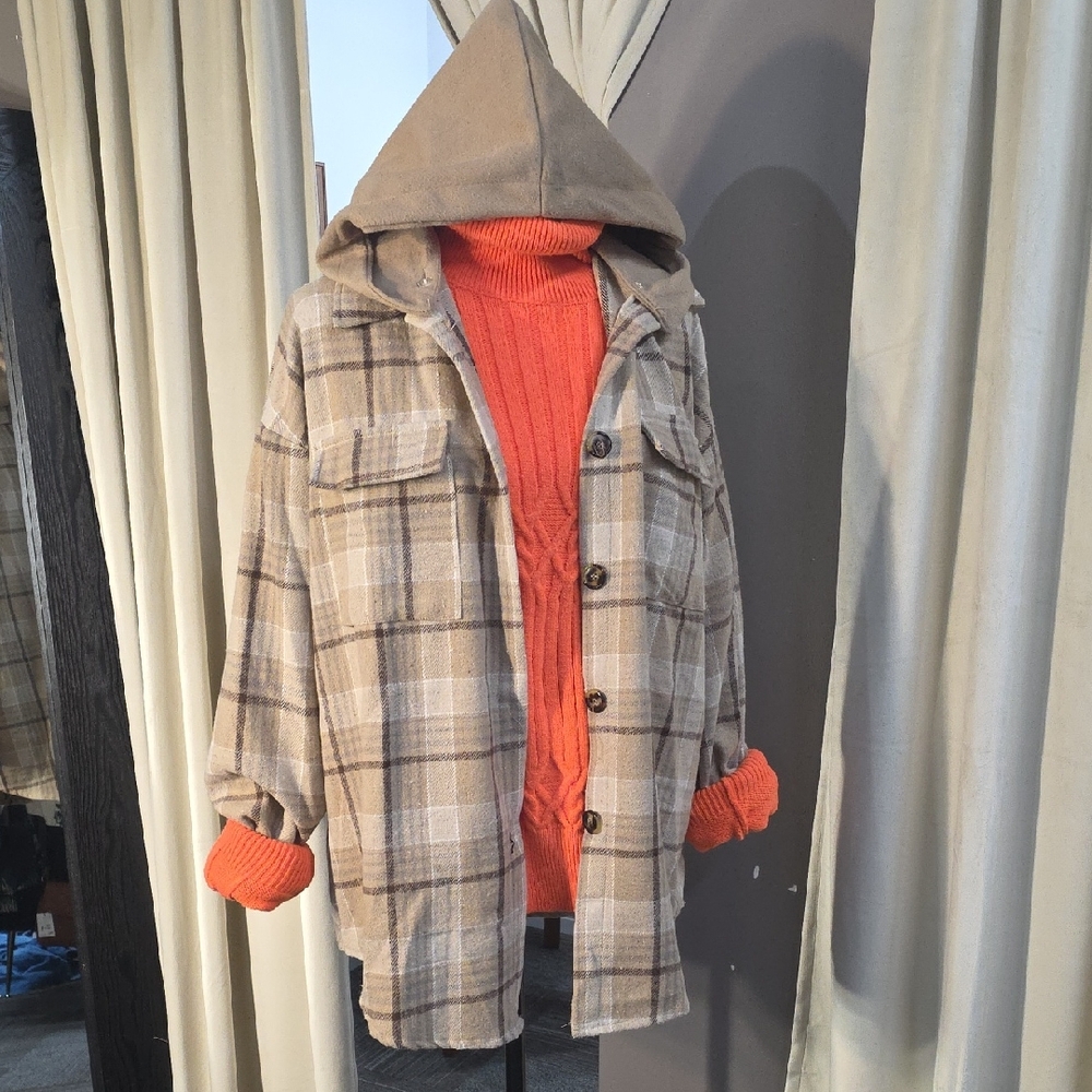 Shoreline Plaid Jacket with Hood - Tan and Orange